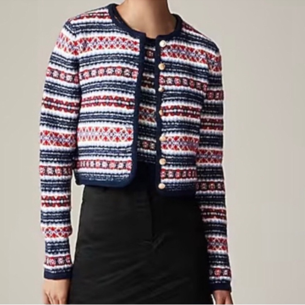 J. Crew Navy, Red & White Fair Isle Knit Cardigan size S